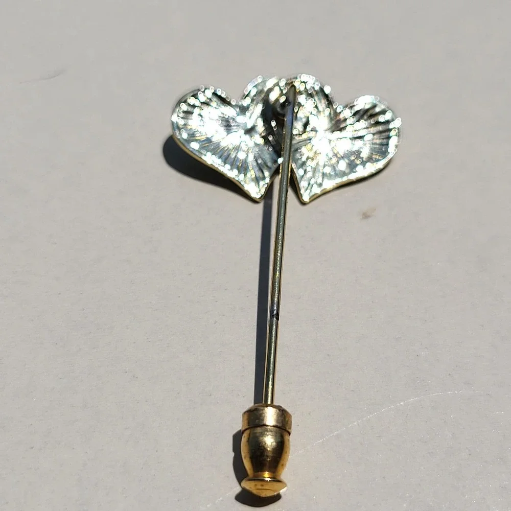 Vintage Enamel Metal Heart Stick Pin Blue Gold Tone Double Heart Lapel Pin